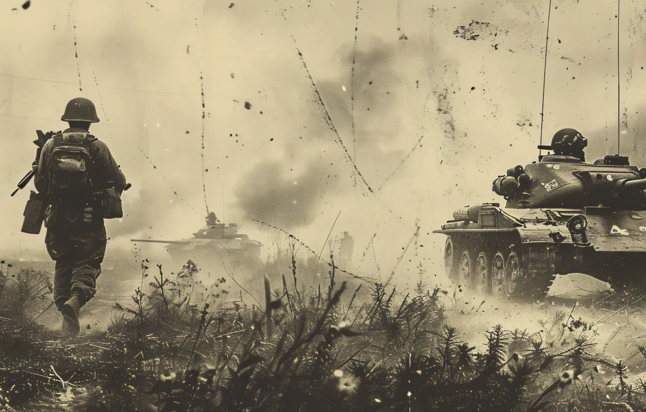 Photo wallpaper retro, smoke, soldiers, tank, black and white, digital art, AI art, The Art of Artificial …
