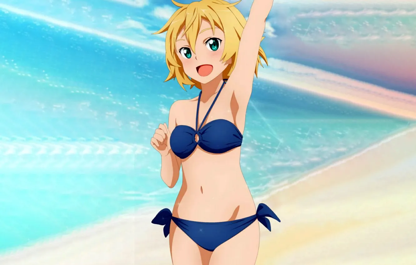 Photo wallpaper girl, sexy, cleavage, beach, sea, boobs, anime, beautiful