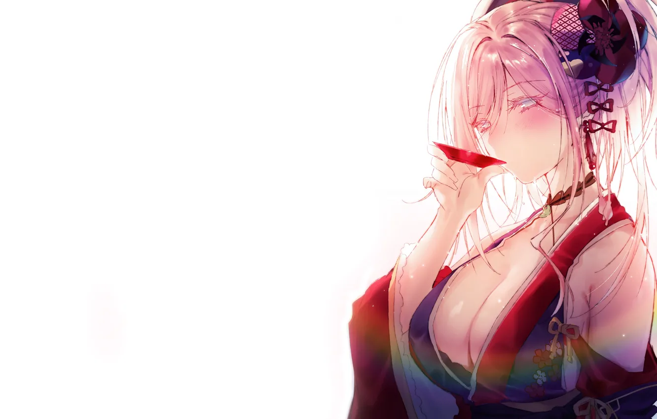 Photo wallpaper girl, sexy, cleavage, blouse, pink hair, long hair, boobs, anime