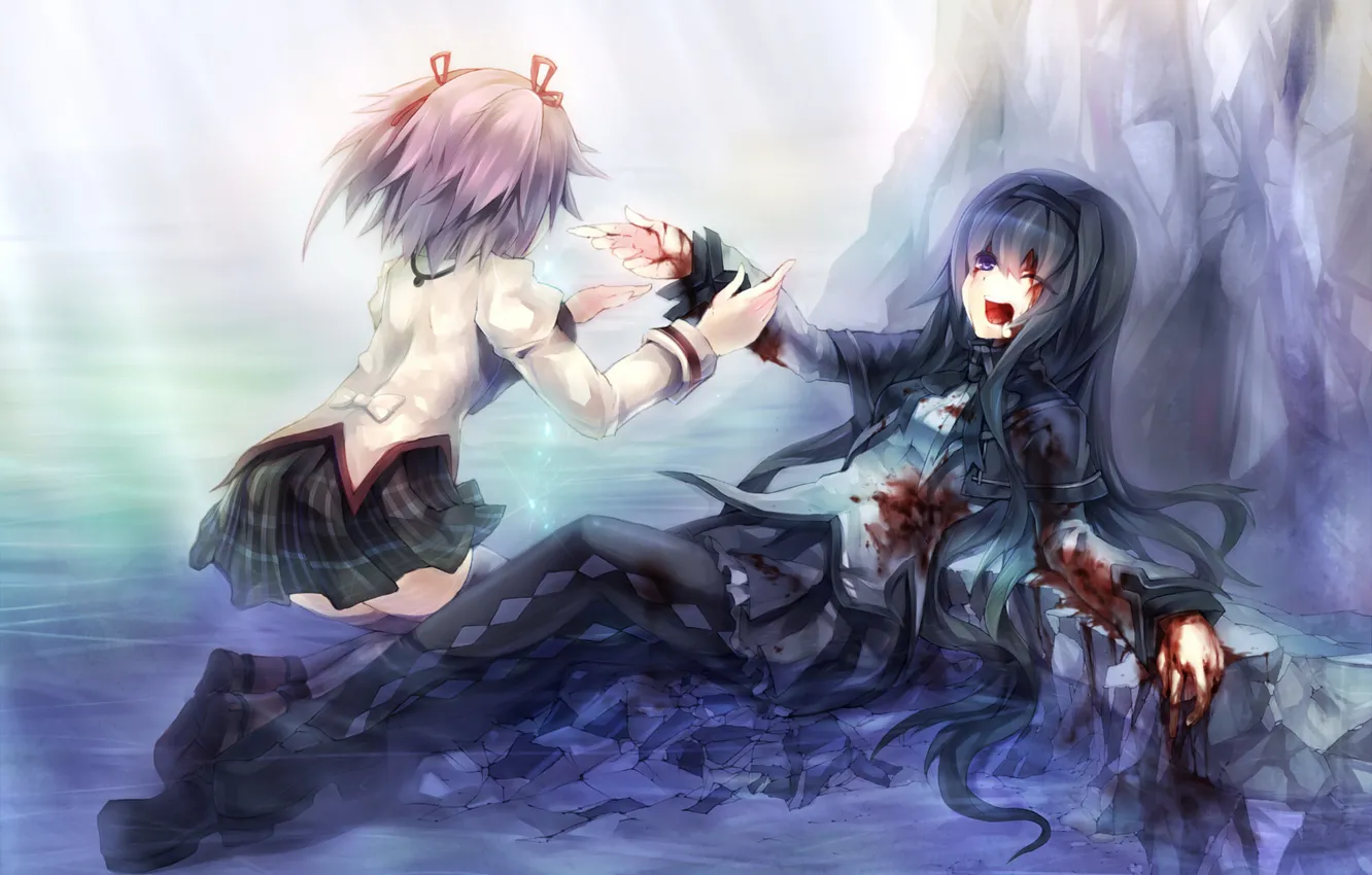 Photo wallpaper water, girl, blood, anime, tears, art, schoolgirl, mahou shoujo madoka magica
