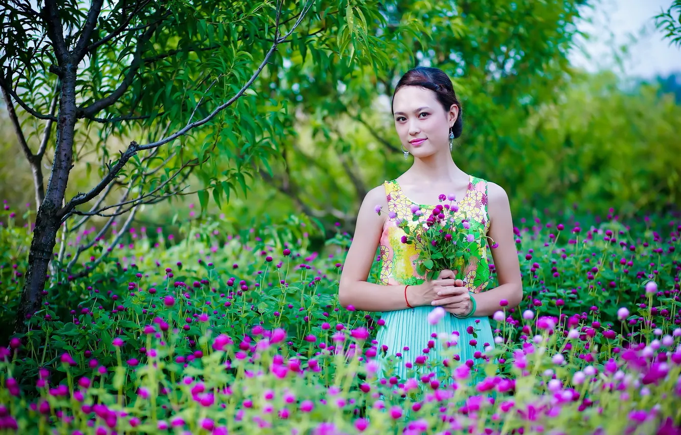 Photo wallpaper girl, flowers, nature, Asian