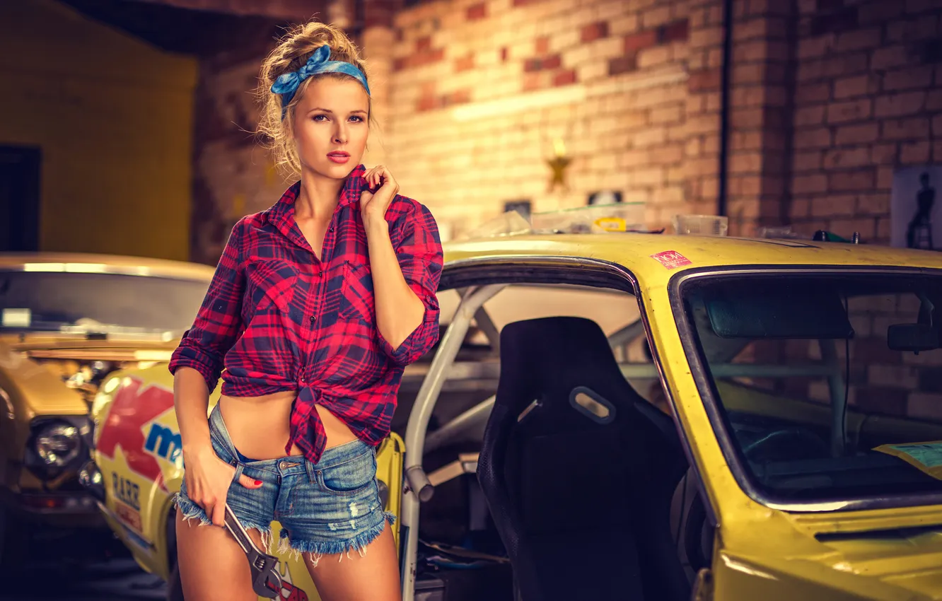 Photo wallpaper girl, shorts, legs, beautiful, workshop, car