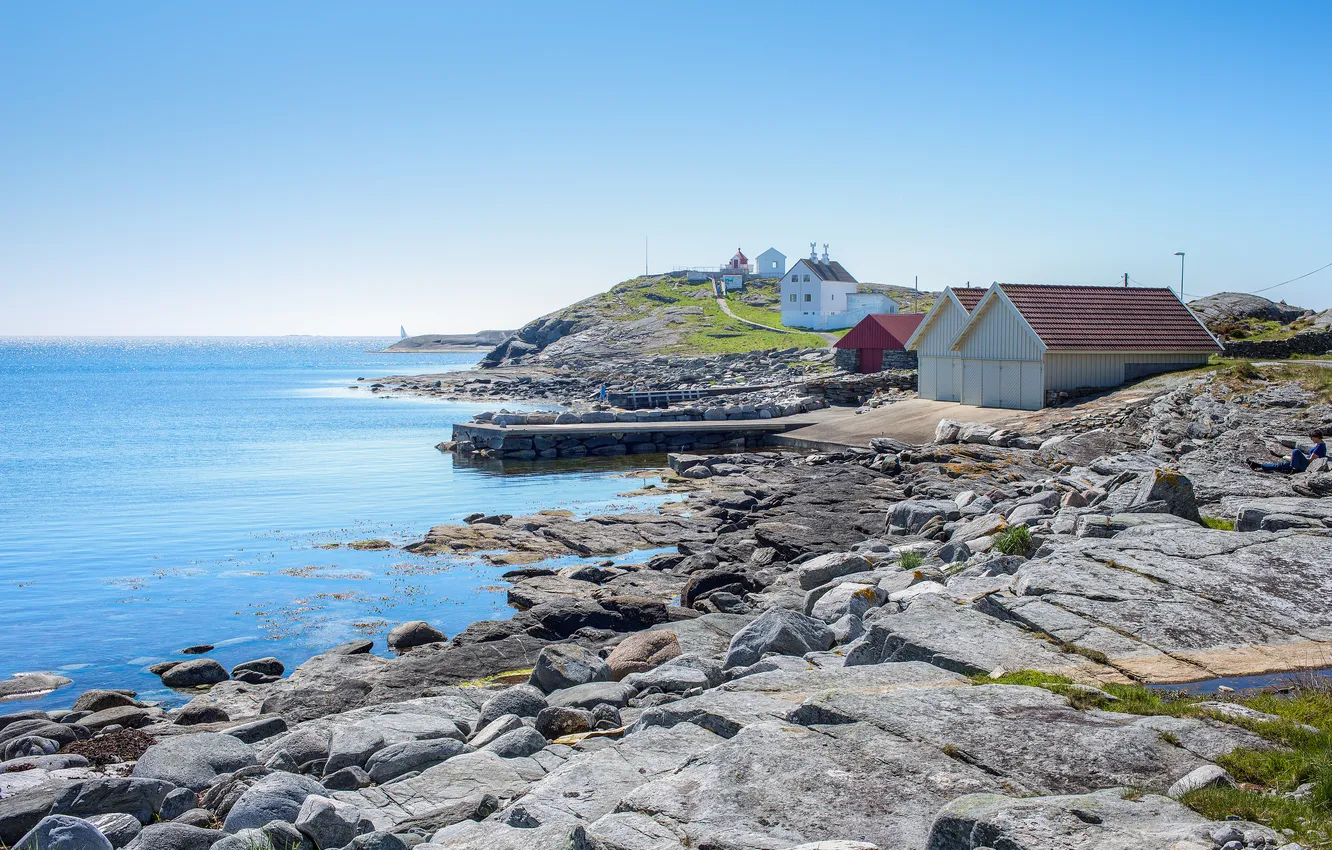 Photo wallpaper sea, the sky, stones, hills, people, Marina, home, pier