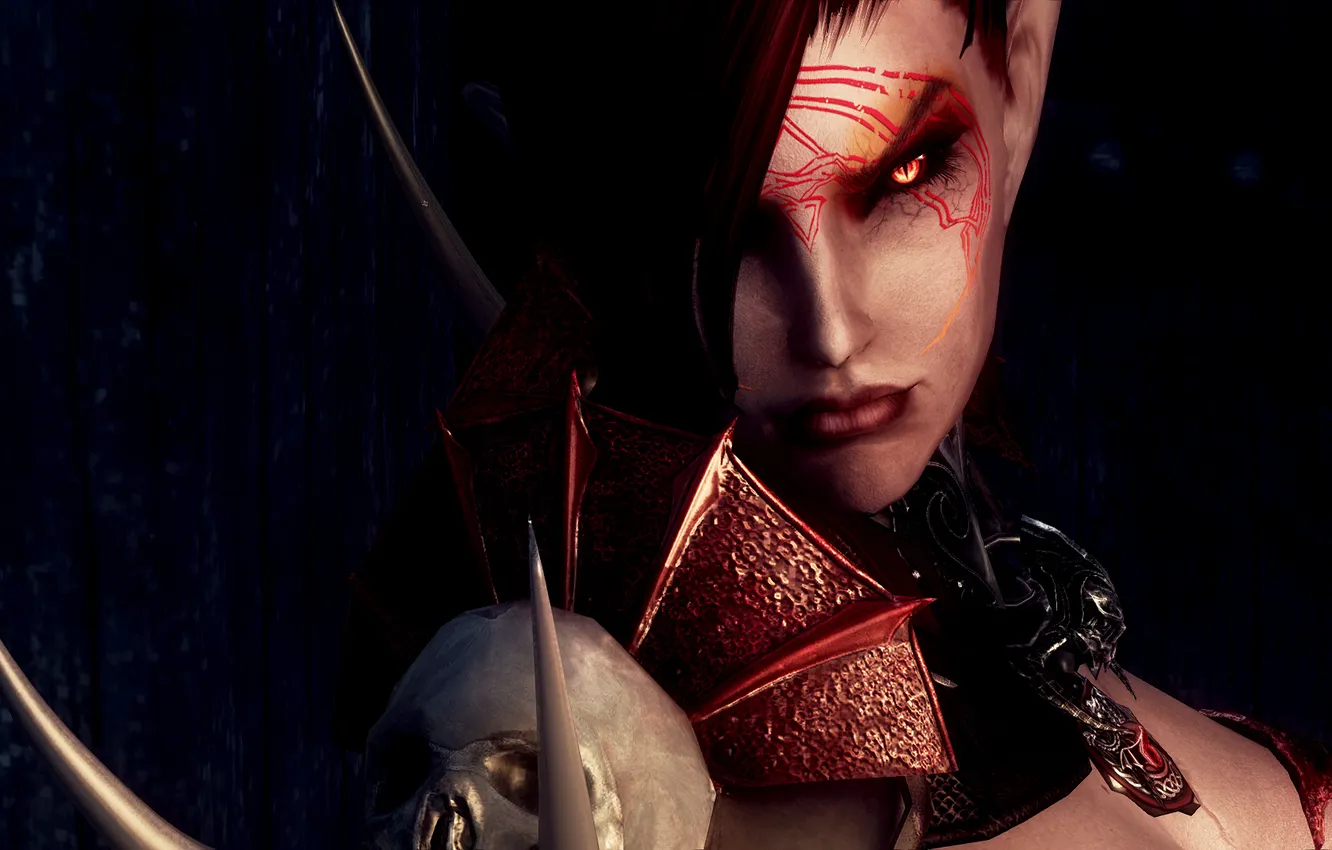 Photo wallpaper look, face, red eyes, Skyrim, Skyrim, The Elder Scrolls V, vampire
