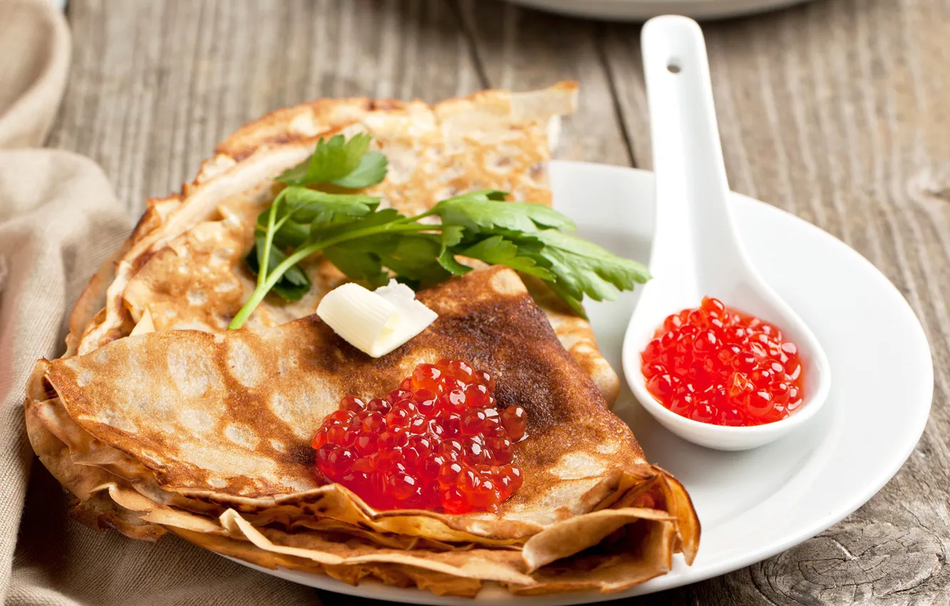 Photo wallpaper spoon, pancakes, caviar, pancakes