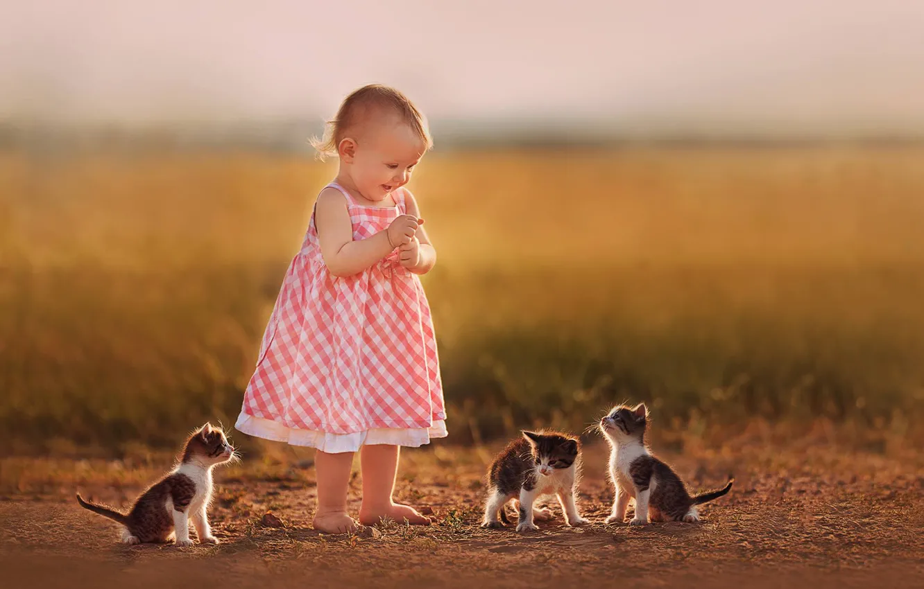 Photo wallpaper joy, girl, kittens, baby, bokeh