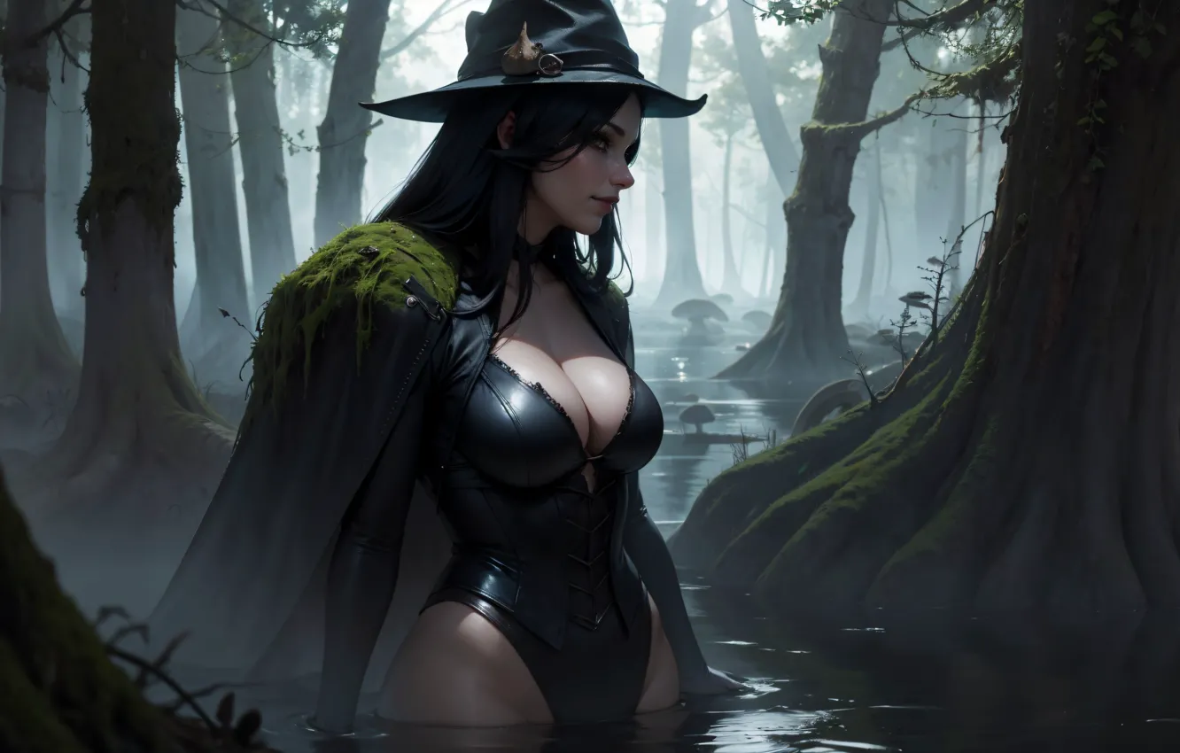 Photo wallpaper forest, girl, swamp, fantasy, witch