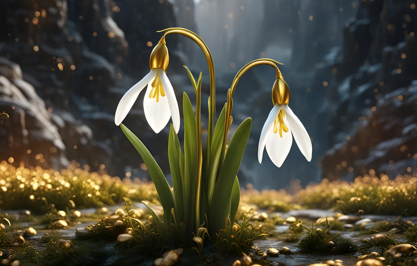 Photo wallpaper light, flowers, mountains, nature, fog, rocks, glade, spring