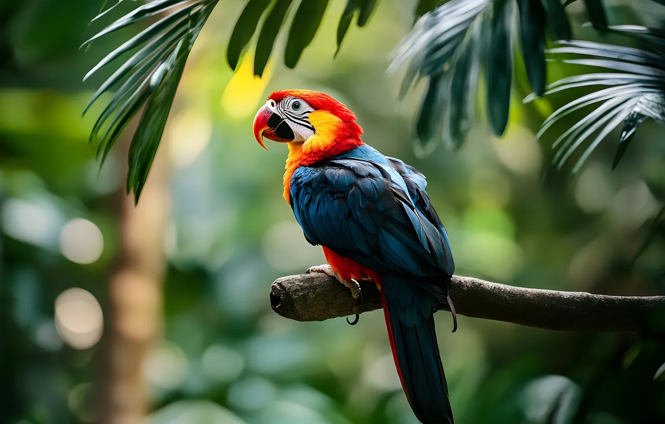 Photo wallpaper leaves, branches, bird, parrot, bokeh, Ara, AI art, neural network