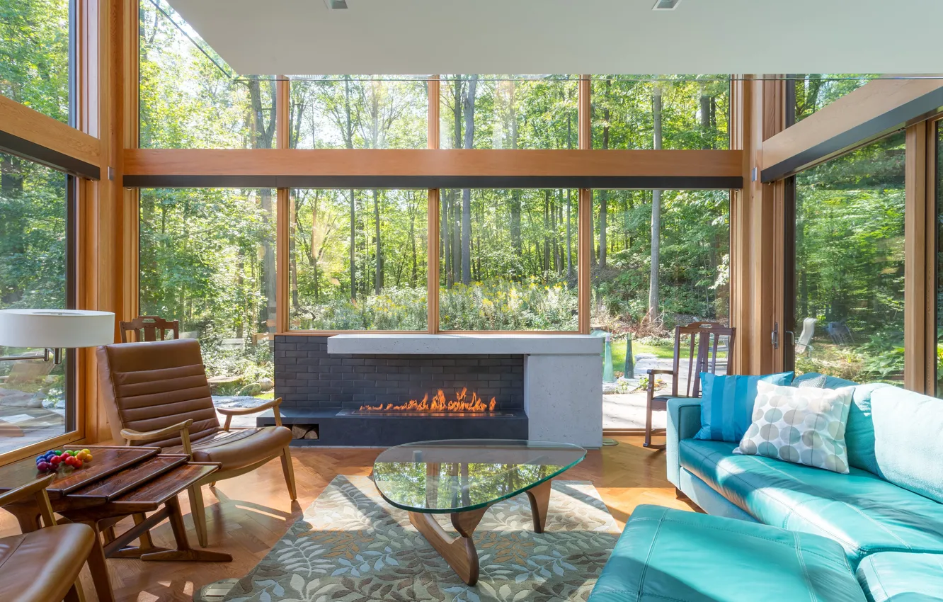 Photo wallpaper glass, design, interior, fireplace, living room