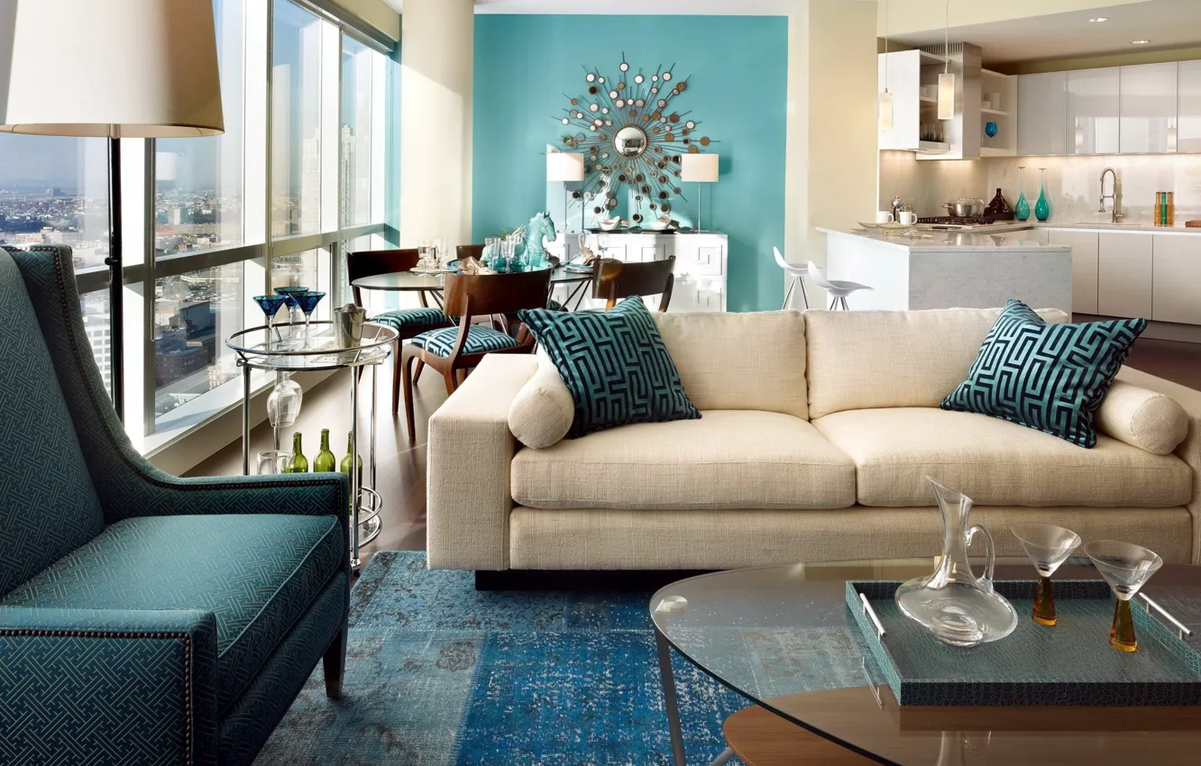 Photo wallpaper design, style, interior, kitchen, living room, dining room, The combination of colors, beige and turquoise