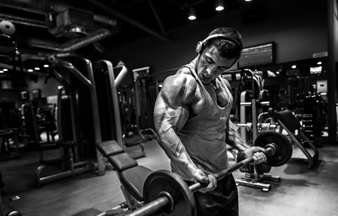 Photo wallpaper black, sport, body, headphones, Muscle, athlete, hall, muscle