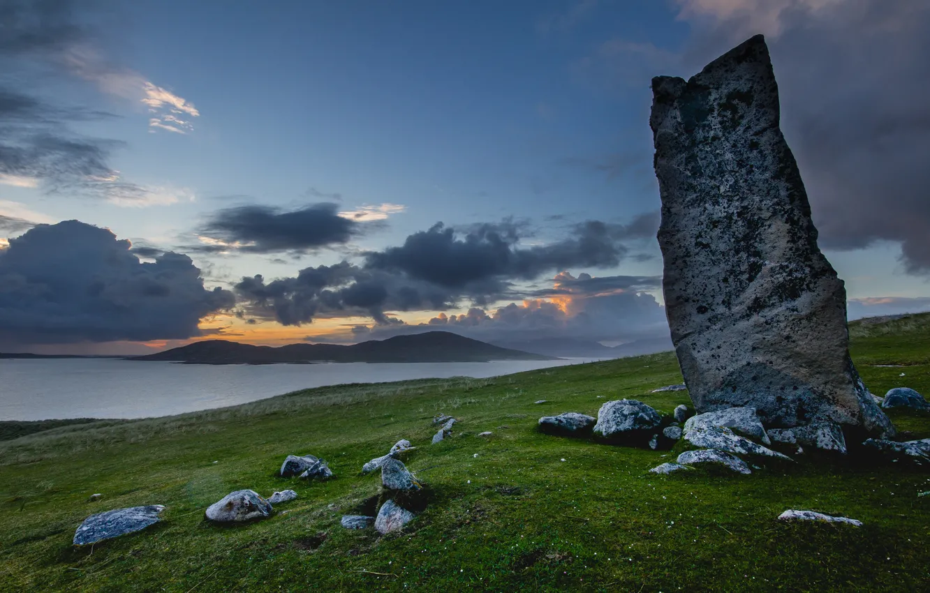 Photo wallpaper sea, field, the sky, clouds, mountains, clouds, stones, hills