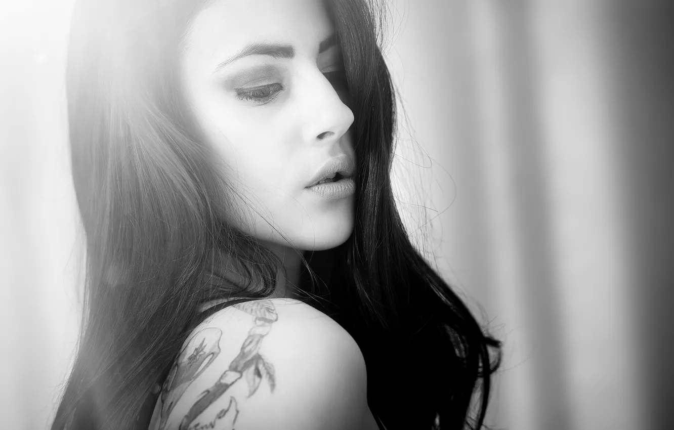 Photo wallpaper light, face, black and white, hair, portrait, beauty, tattoo