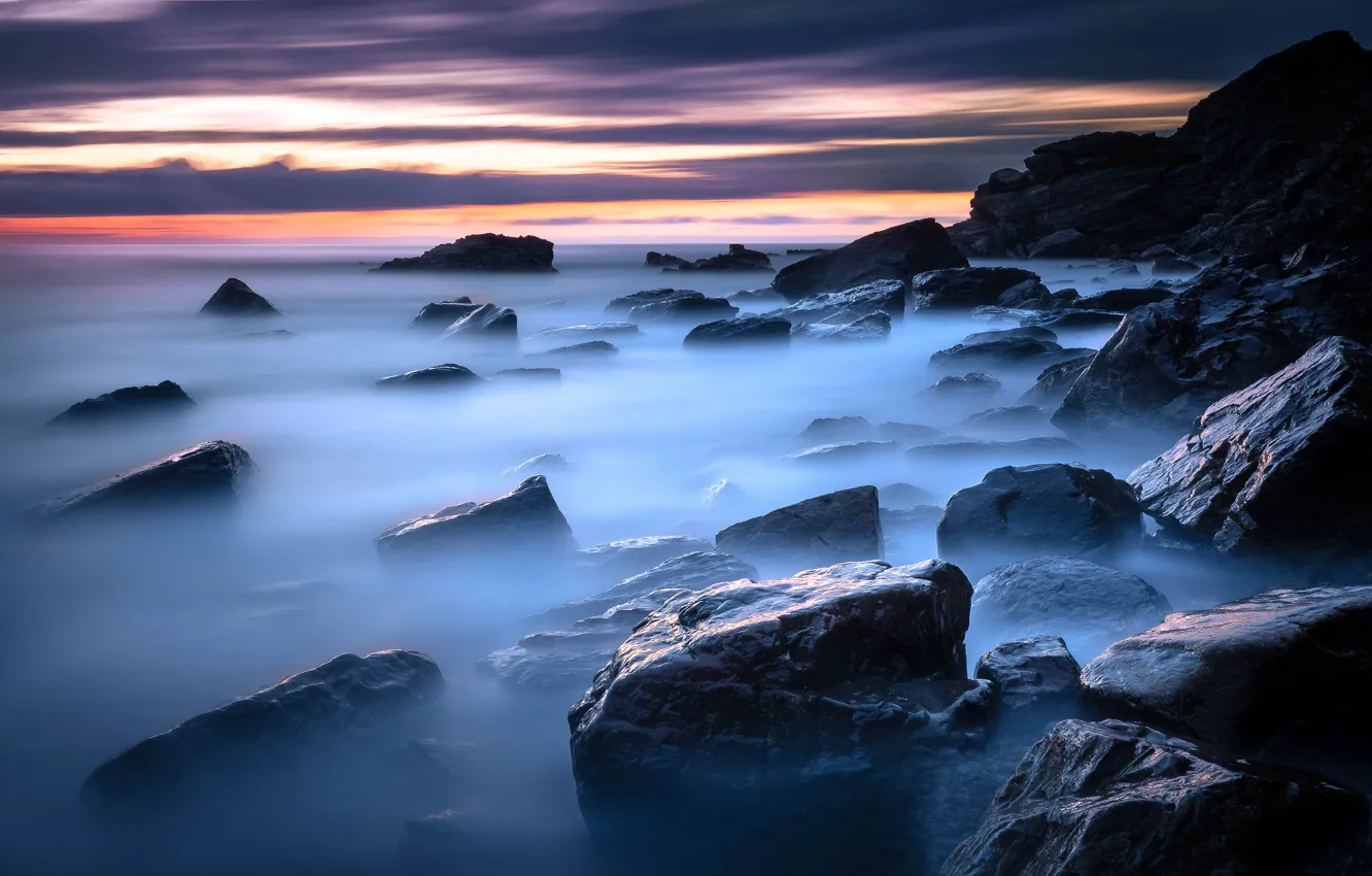 Photo wallpaper sea, the sky, clouds, sunset, fog, stones, rocks, shore