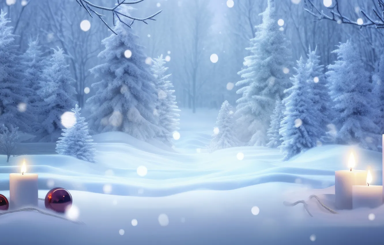 Photo wallpaper winter, frost, forest, balls, snow, trees, winter, new year