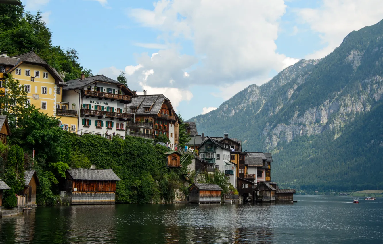 Photo wallpaper lake, building, home, Austria, Alps, lake, Austria, Hallstatt