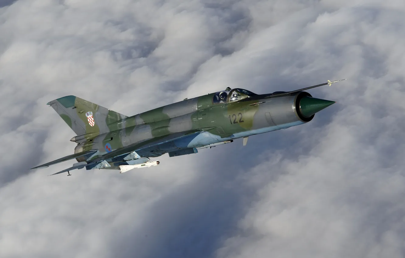Photo wallpaper the sky, clouds, clouds, fighter, the plane, multipurpose, Soviet, The MiG-21