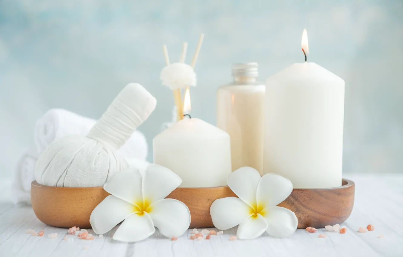 Photo wallpaper flowers, Board, bottle, towel, candles, white, light background, Spa