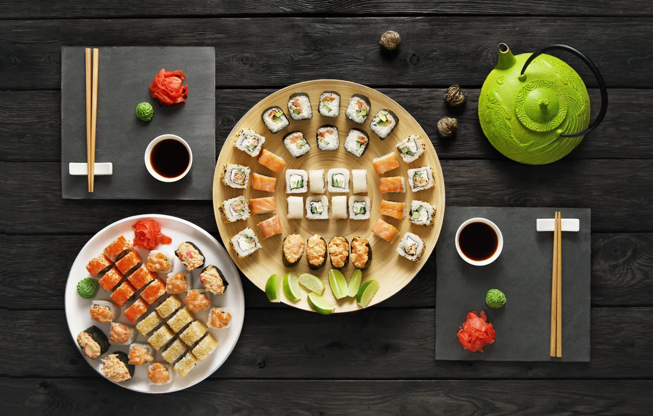 Photo wallpaper sticks, sauce, sushi, sushi, rolls, ginger, set, wasabi