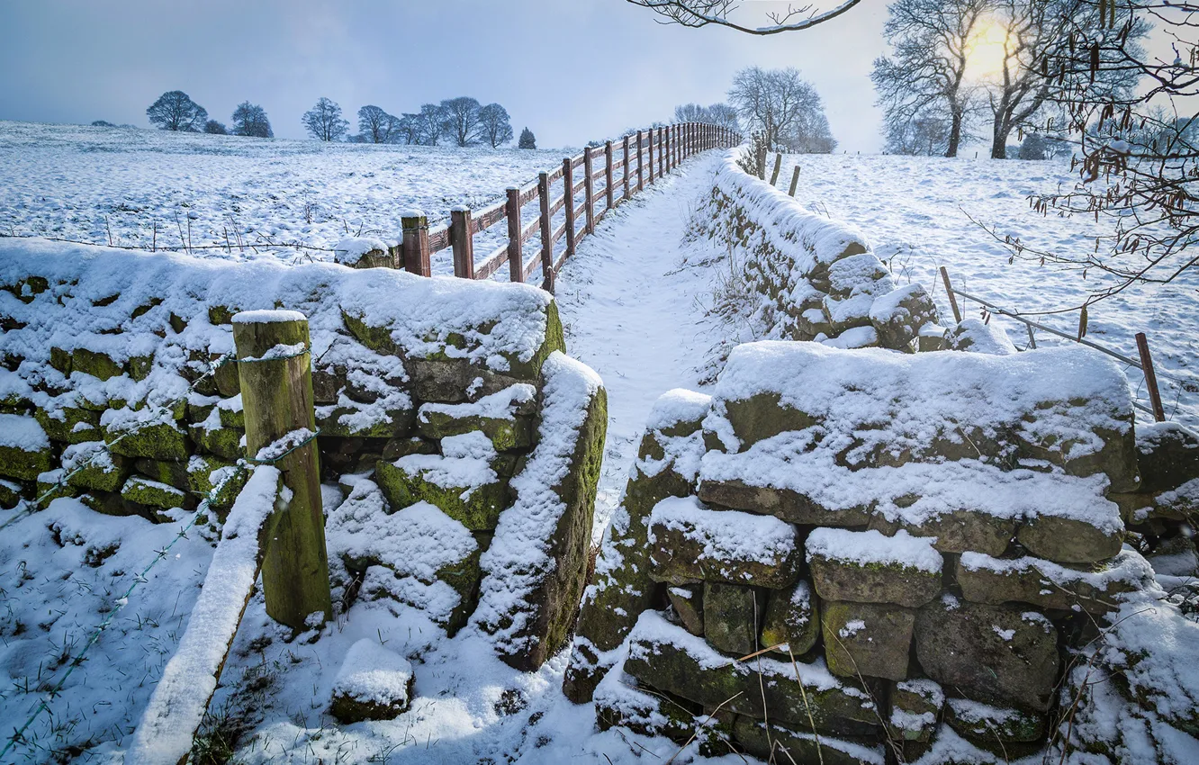 Photo wallpaper winter, field, the sun, snow, trees, stones, the fence, UK