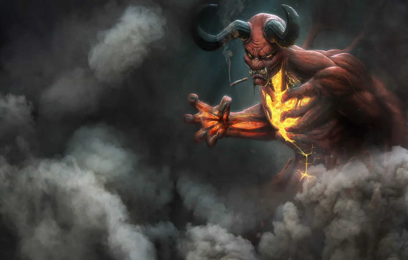 Photo wallpaper fiction, smoke, the demon, cigarette, horns, demon, the devil, fantasy