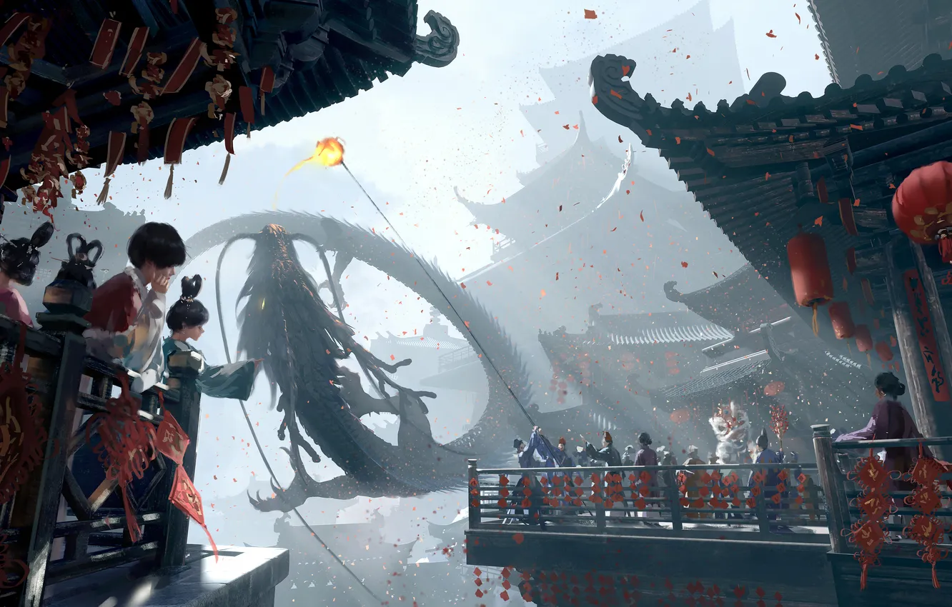 Photo wallpaper China, fantasy, people, dragon, digital art, buildings, artwork, architecture