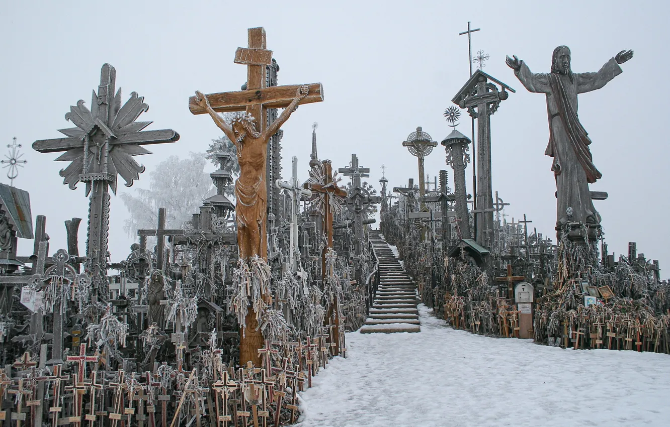 Photo wallpaper winter, Lithuania, Hill of Crosses, Cross mountain, Šiauliai raonas
