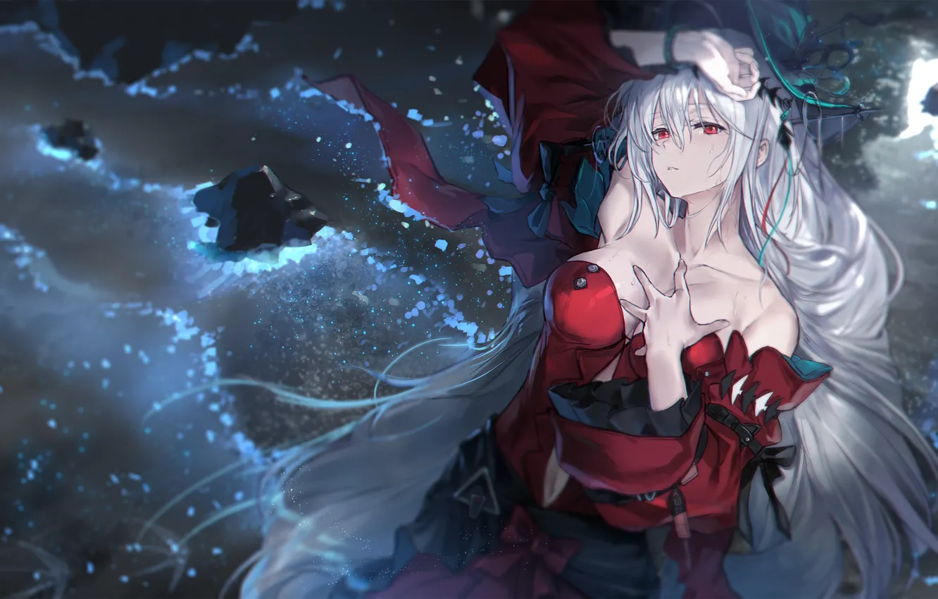 Photo wallpaper water, girl, night, Arknights, Skadi