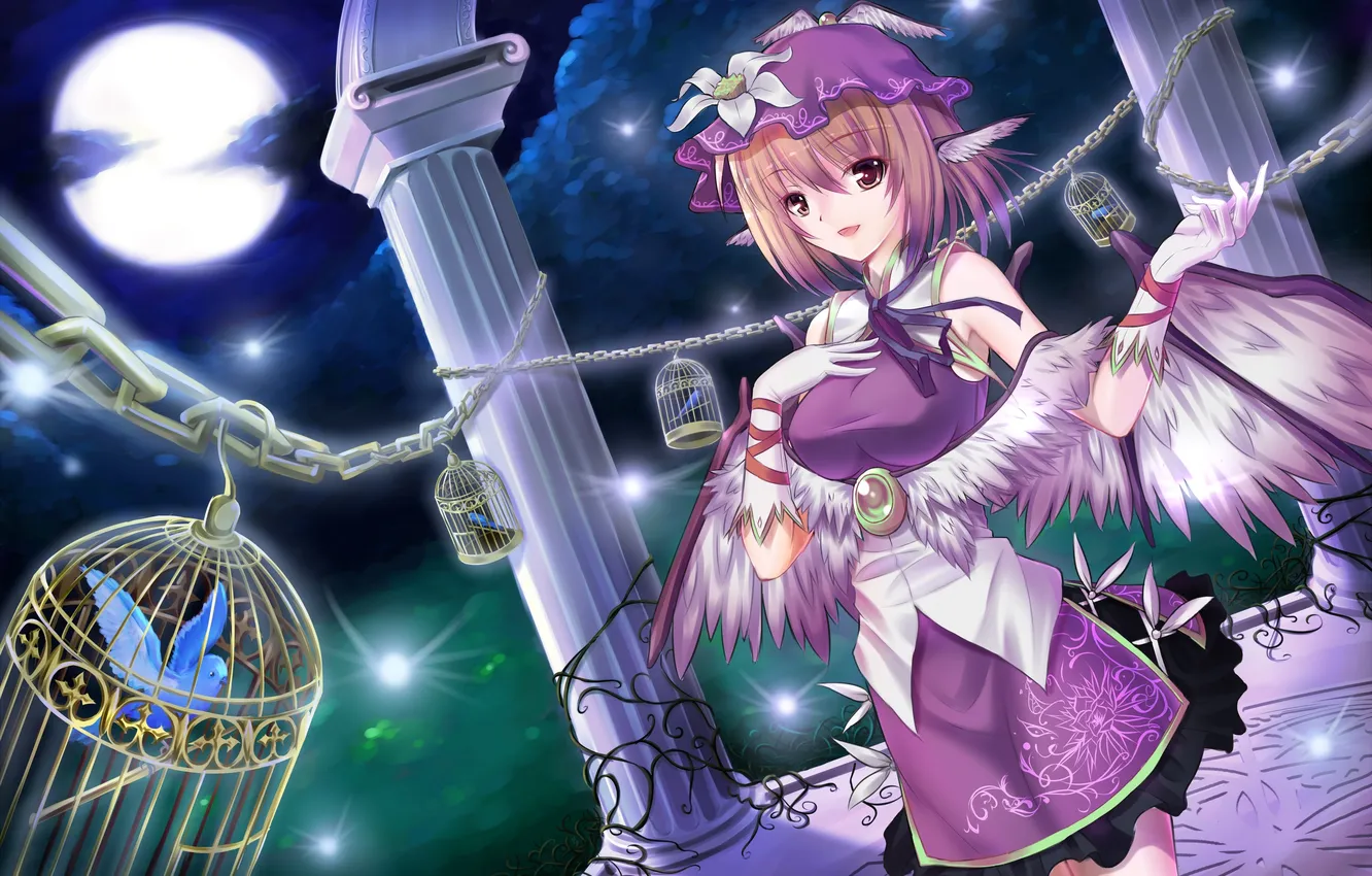 Photo wallpaper flowers, smile, bird, the moon, wings, cell, art, chain