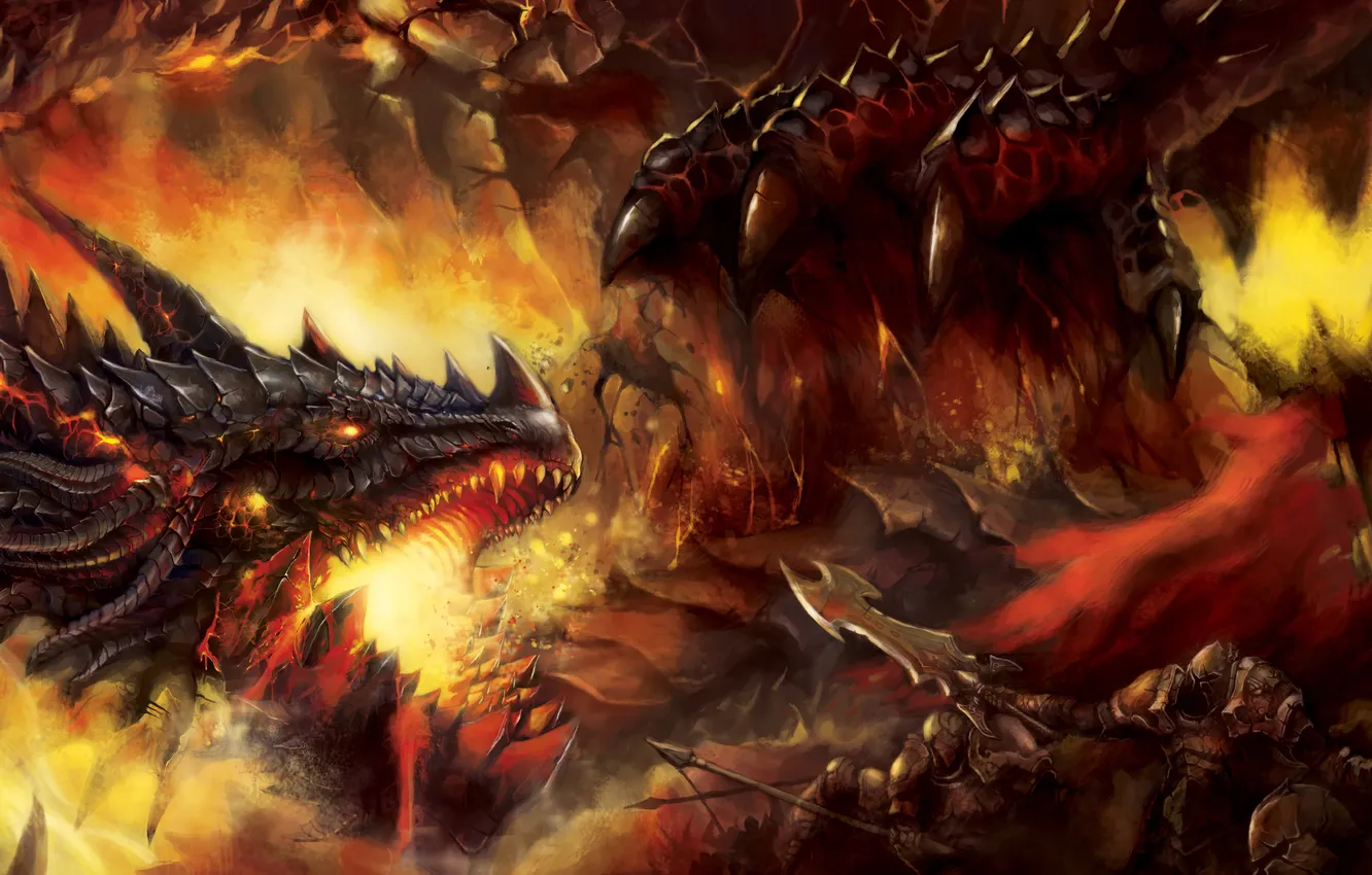 Photo wallpaper lights, weapons, fiction, dragon, armor, warrior, art, battle