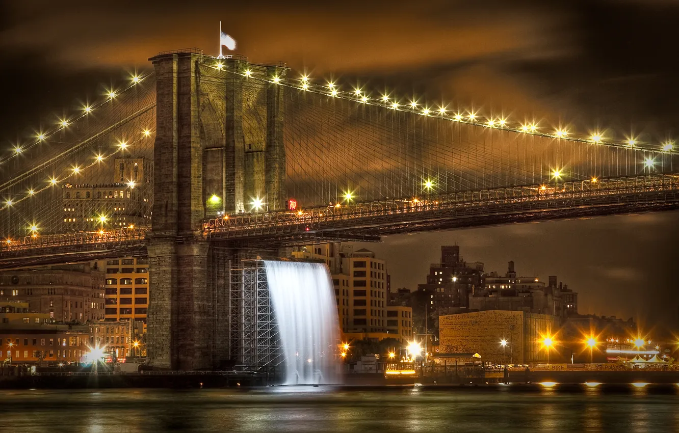 Photo wallpaper night, bridge, the city, lights, waterfall, new York