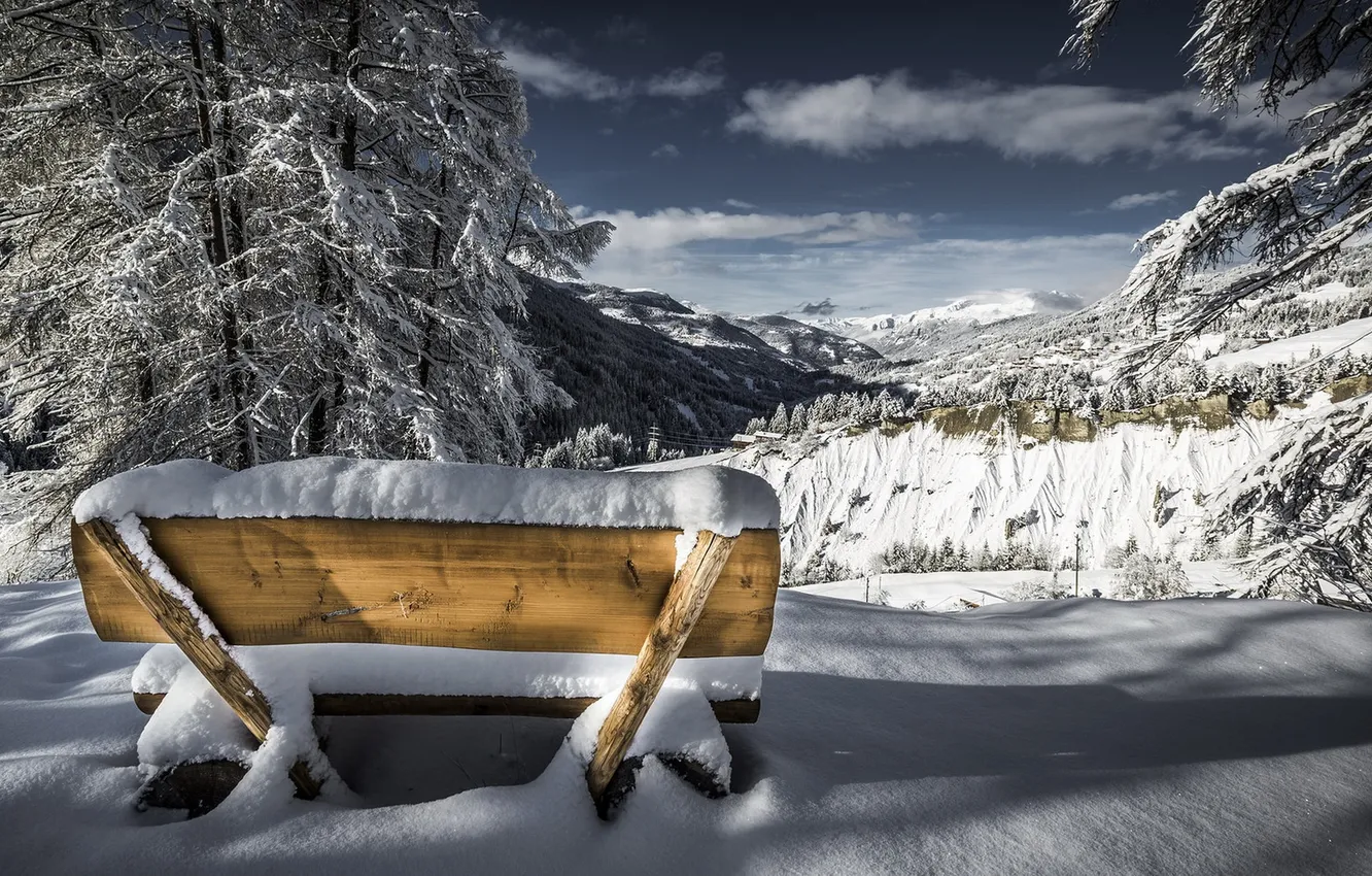 Photo wallpaper winter, snow, bench