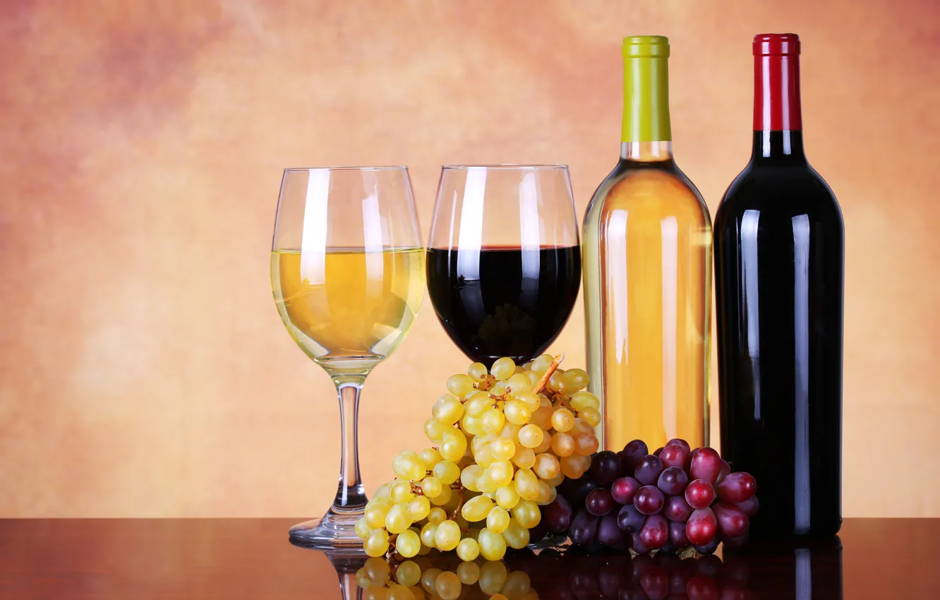 Photo wallpaper wine, red, white, glasses, grapes, bottle