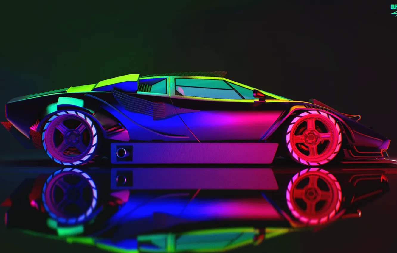 Photo wallpaper car, machine, auto, rendering, neon, Lamborghini, side view, art