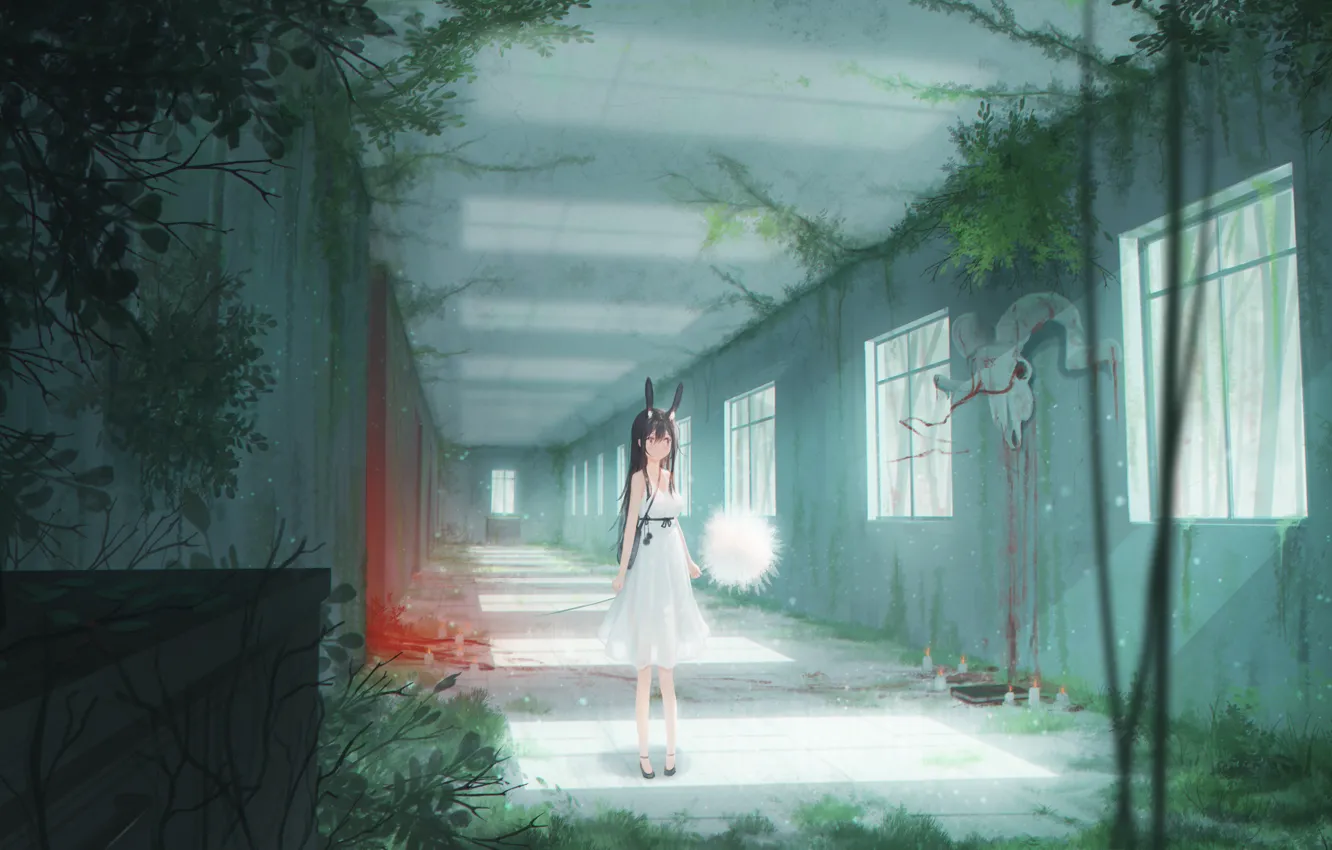 Photo wallpaper girl, blood, skull, corridor, ears