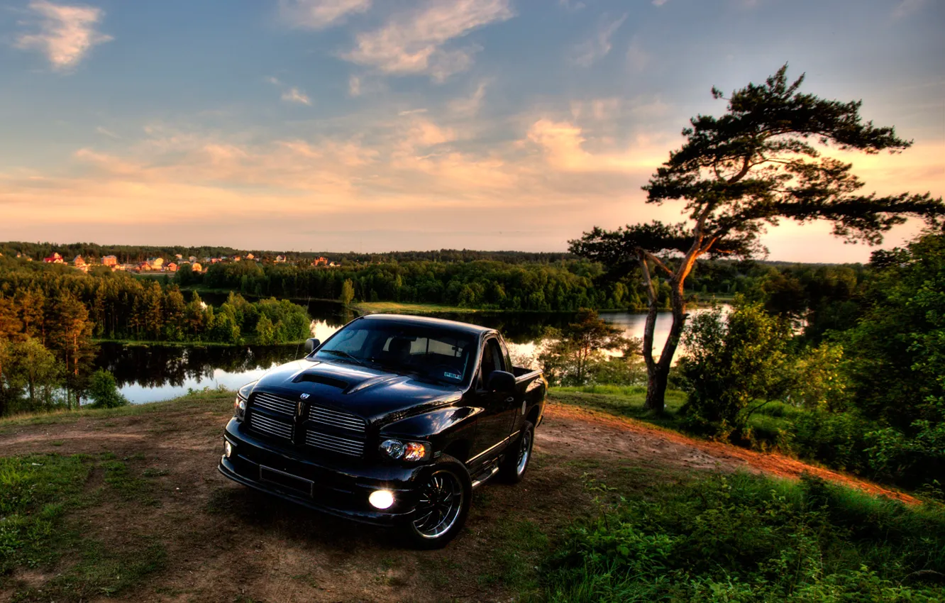 Photo wallpaper HDR, Black, Trees, Dodge, Jeep, Landscape