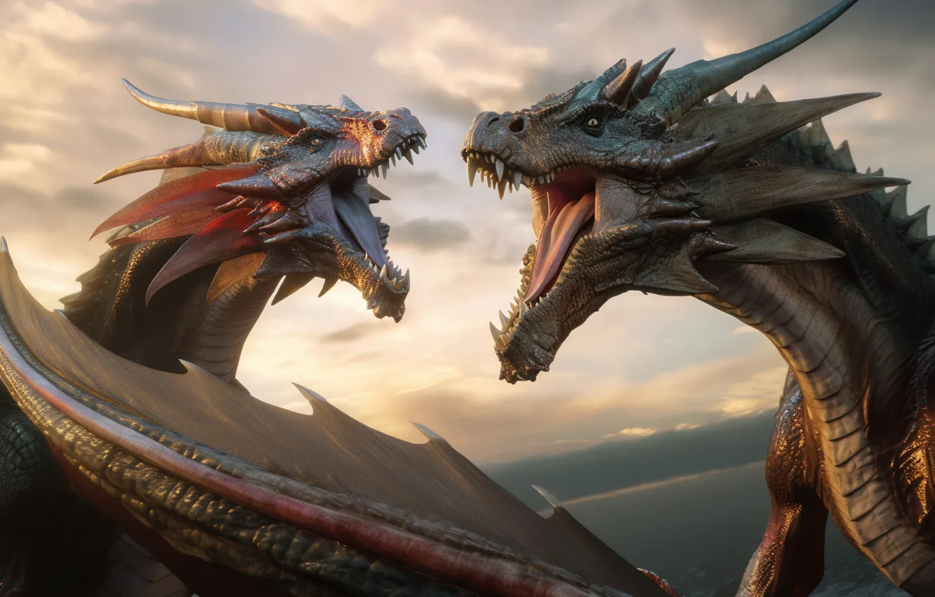 Photo wallpaper dragon, wings, grin, horns, two, digital art, AI art, The Art of Artificial Intelligence