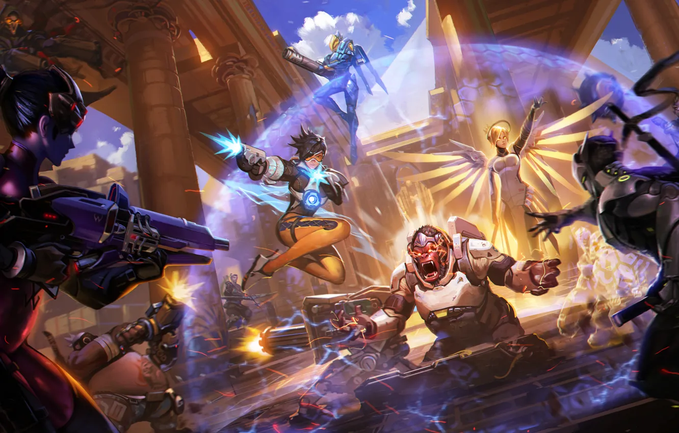 Photo wallpaper game, Blizzard Entertainment, Reaper, Hanzo, Overwatch, Tracer, Widowmaker, Mercy