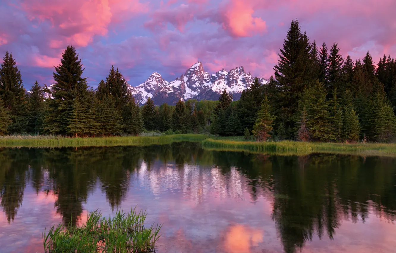 Photo wallpaper forest, the sky, clouds, trees, mountains, lake, reflection, USA