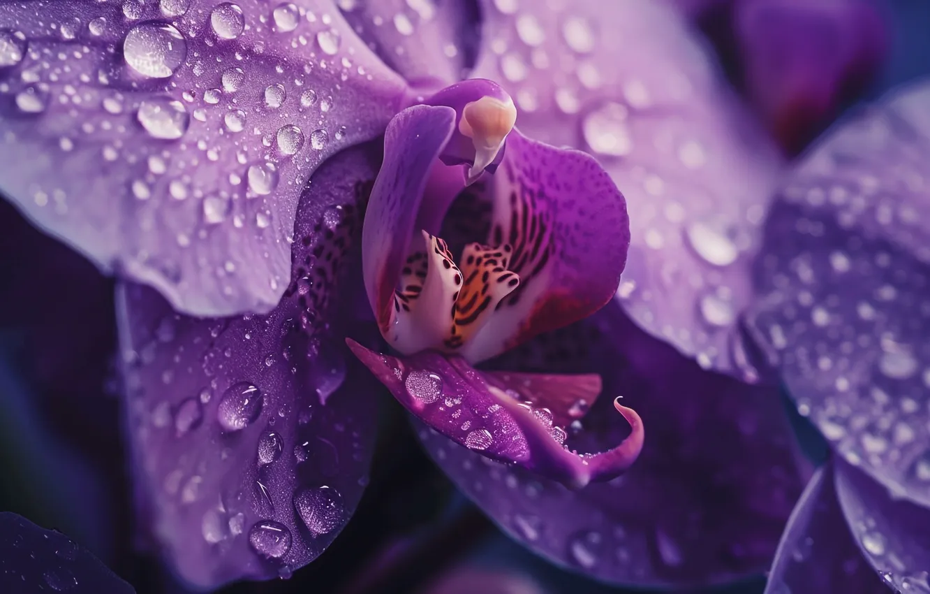 Photo wallpaper purple, drops, macro, flowers, white, Orchid, lilac, AI art