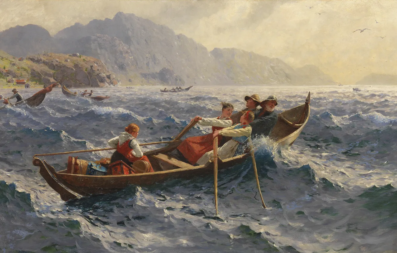 Photo wallpaper Norwegian painter, 1900, Hans Dahl, Hans Dahl, Norwegian painter, Stormy Crossing of the Fjord, The …