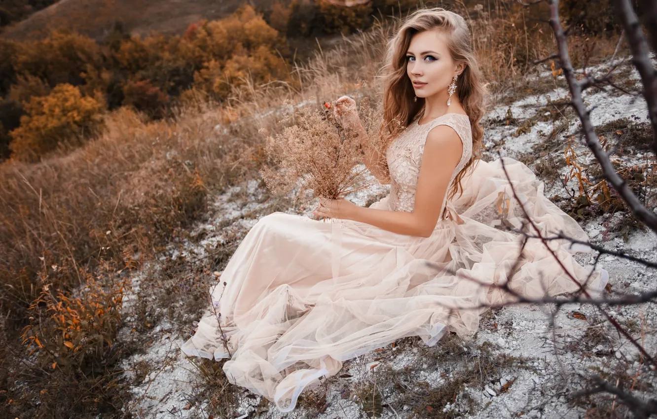 Photo wallpaper grass, girl, trees, nature, makeup, slope, dress, hairstyle