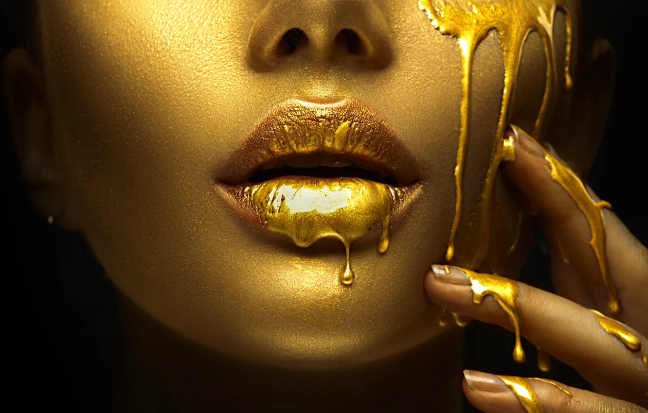 Photo wallpaper golden, lips, fingers, makeup