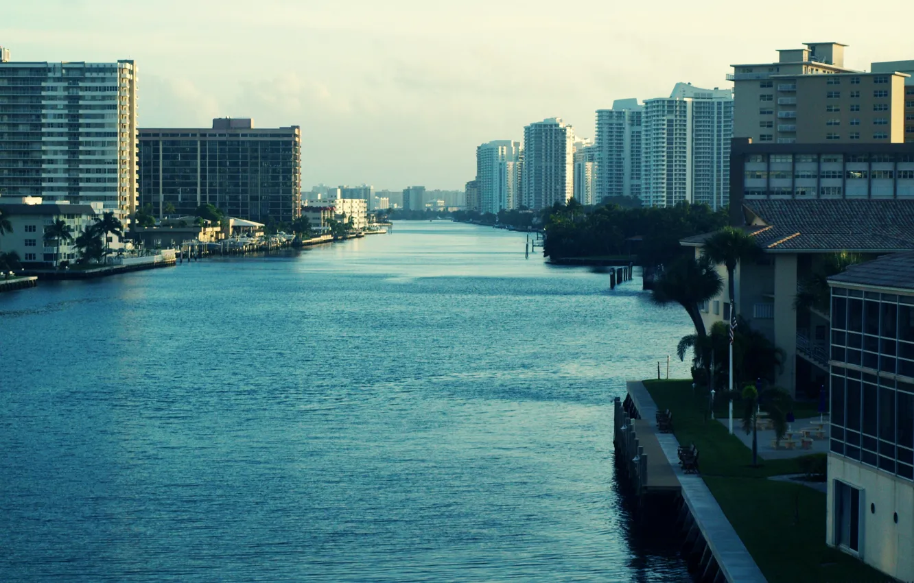 Photo wallpaper water, Miami, the evening, FL, Miami, skyscrapers, Florida, vice city