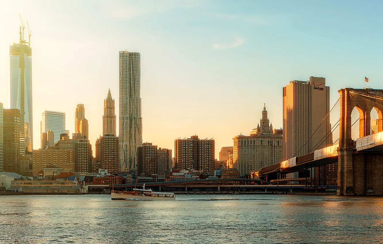 Photo wallpaper the sky, river, dawn, home, USA, New York, of otro