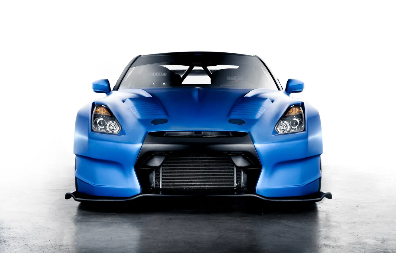 Photo wallpaper blue, Nissan, GT-R, Nissan, blue, front, race car, kit