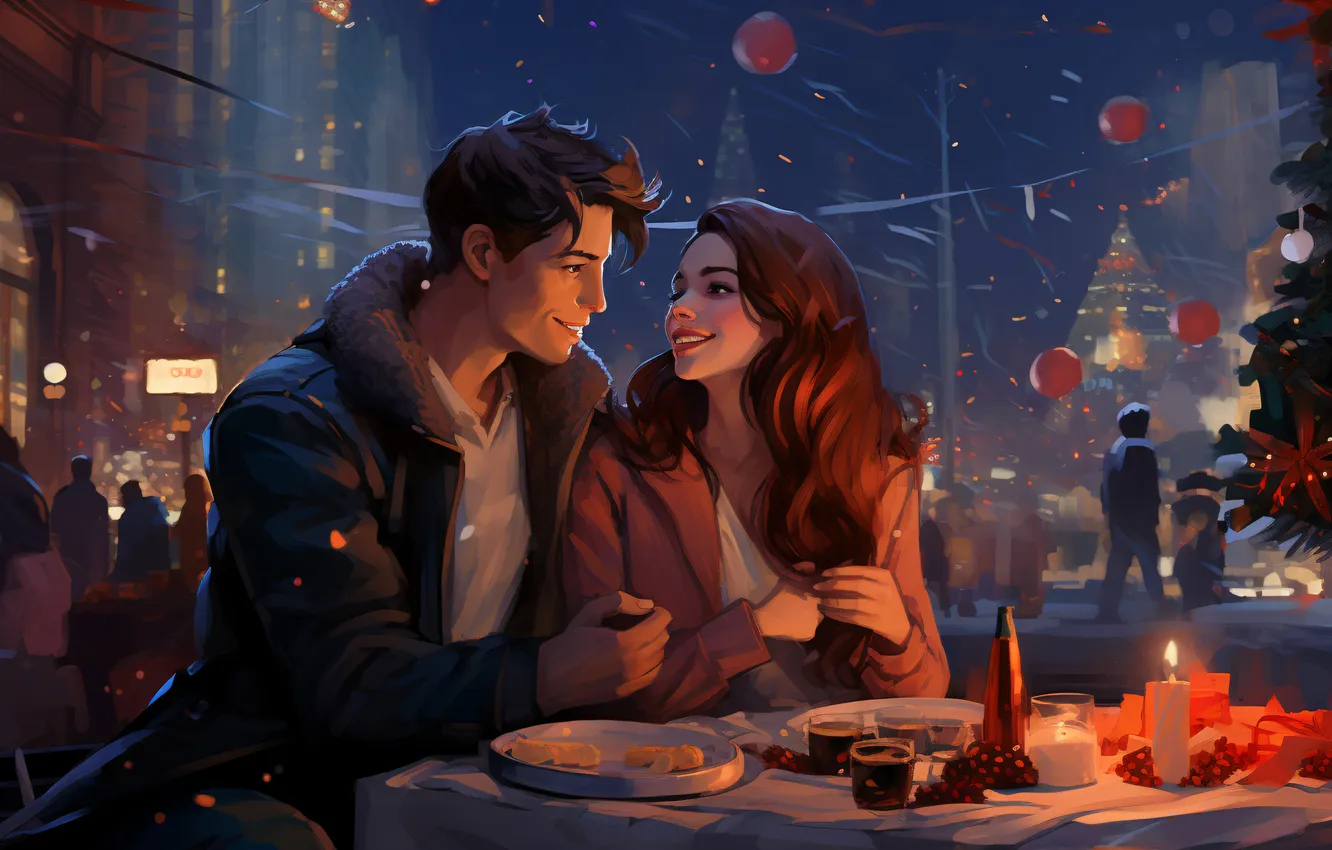 Photo wallpaper girl, joy, night, smile, table, people, tree, new year