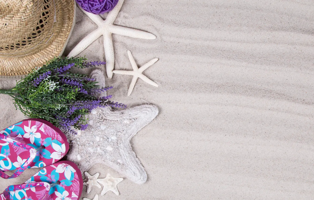 Photo wallpaper sand, hat, starfish, sandals