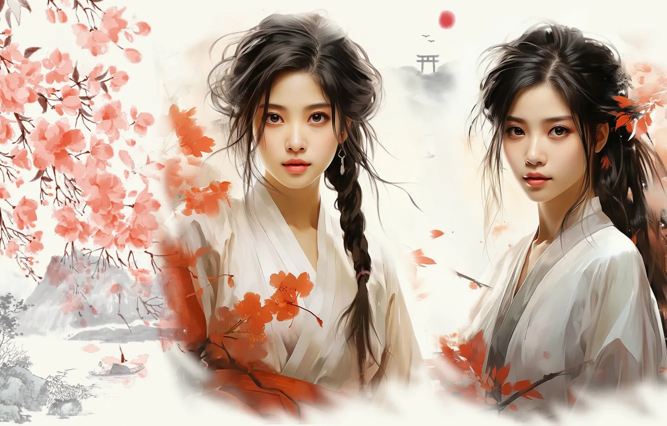 Photo wallpaper brunette, white background, Asian, flowering, digital art, digital art, Sakura, Japanese motifs